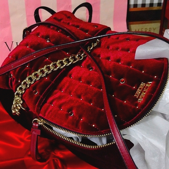 Victoria's Secret Burgundy Velvet Stud City Mini Backpack🎒Crossover Gold HW NWT - Picture 9 of 14